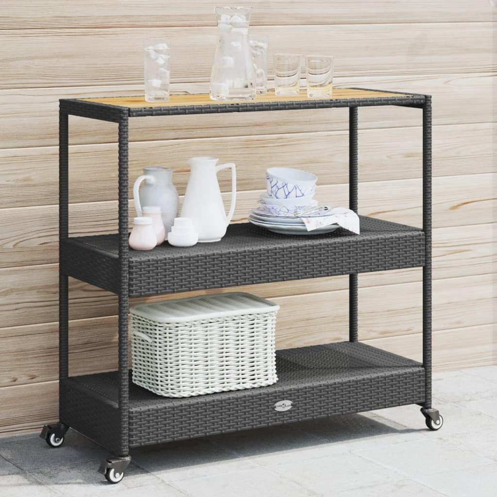 vidaXL Bar Cart 3-Tier Trolley - Black Poly Rattan & Solid Acacia Wood - Indoor/Outdoor Serving Cart with Shelves & Casters - 39.8"x15.7"x39.4"