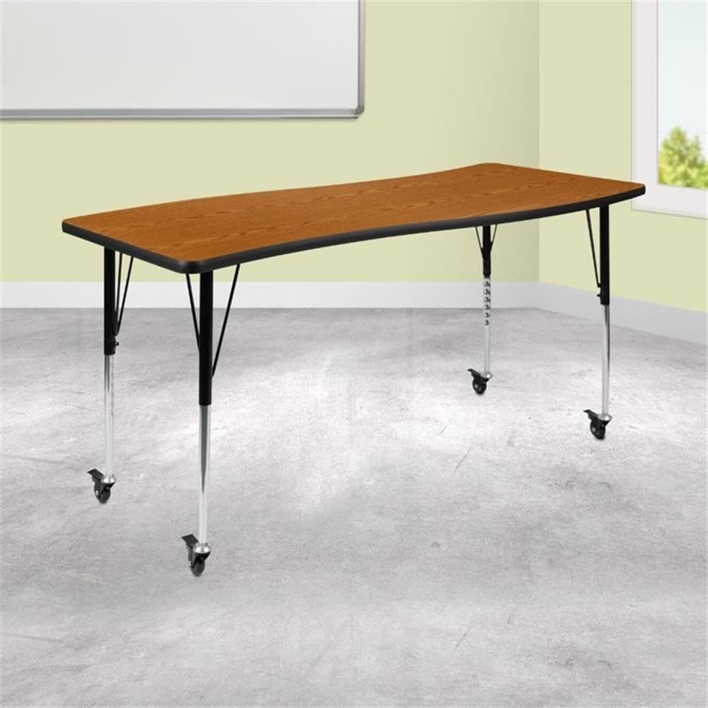 Flash Furniture Mobile 26"W x 60"L Rectangular Wave Collaborative Oak Thermal Laminate Activity Table - Standard Height Adjustable Legs