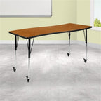 Flash Furniture Mobile 26"W x 60"L Rectangular Wave Collaborative Oak Thermal Laminate Activity Table - Standard Height Adjustable Legs