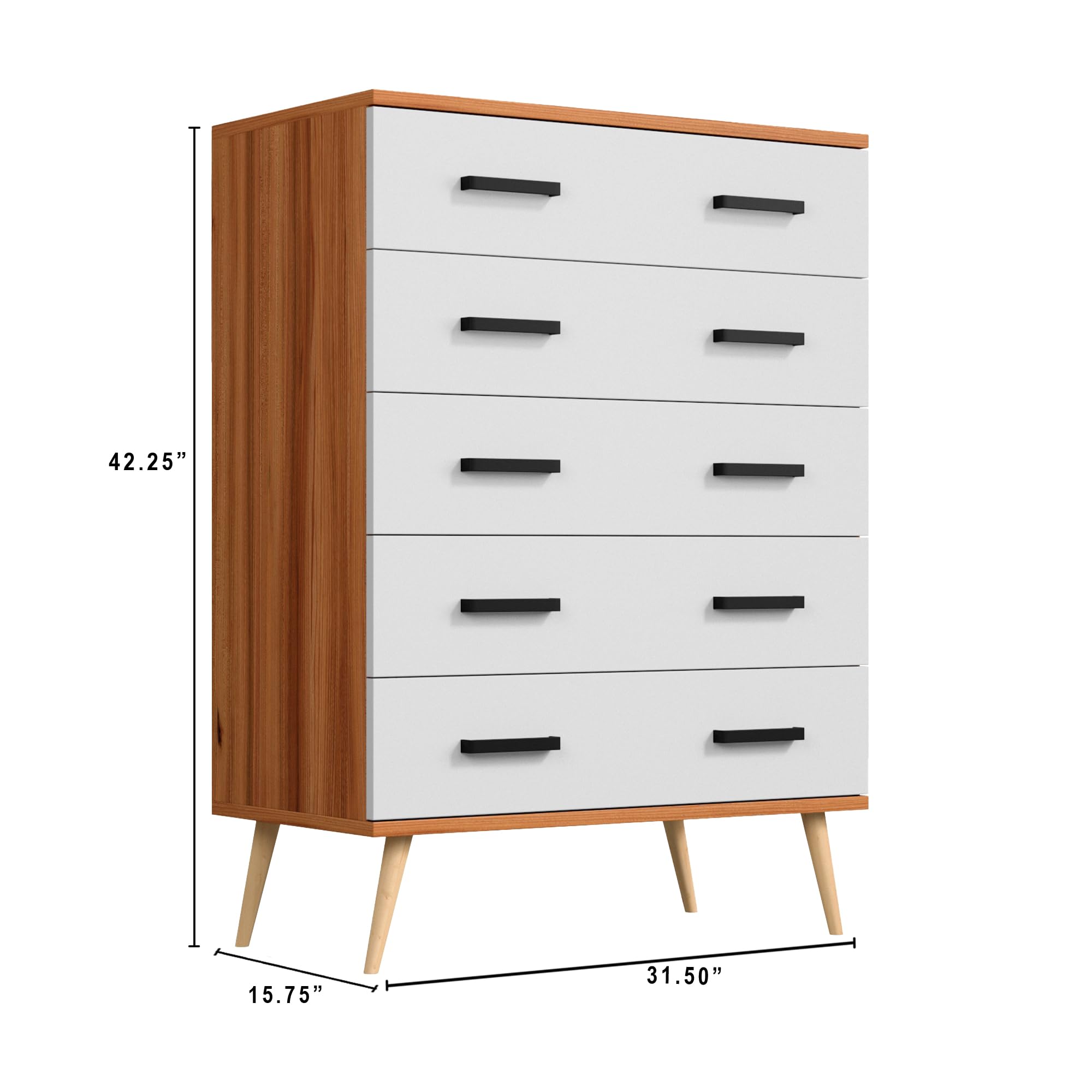 Woodpeckers Furniture And Mattress Eli Mid-Century Modern 5 Drawer Chest (Walnut & White)