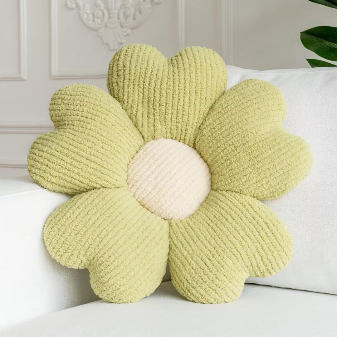 Sioloc Flower Shaped Throw Pillow, Fun Daisy Pillow, 15.7' Grass Green Flower Pillow Cute Decorative Seat Cushion Aesthetic Flo
