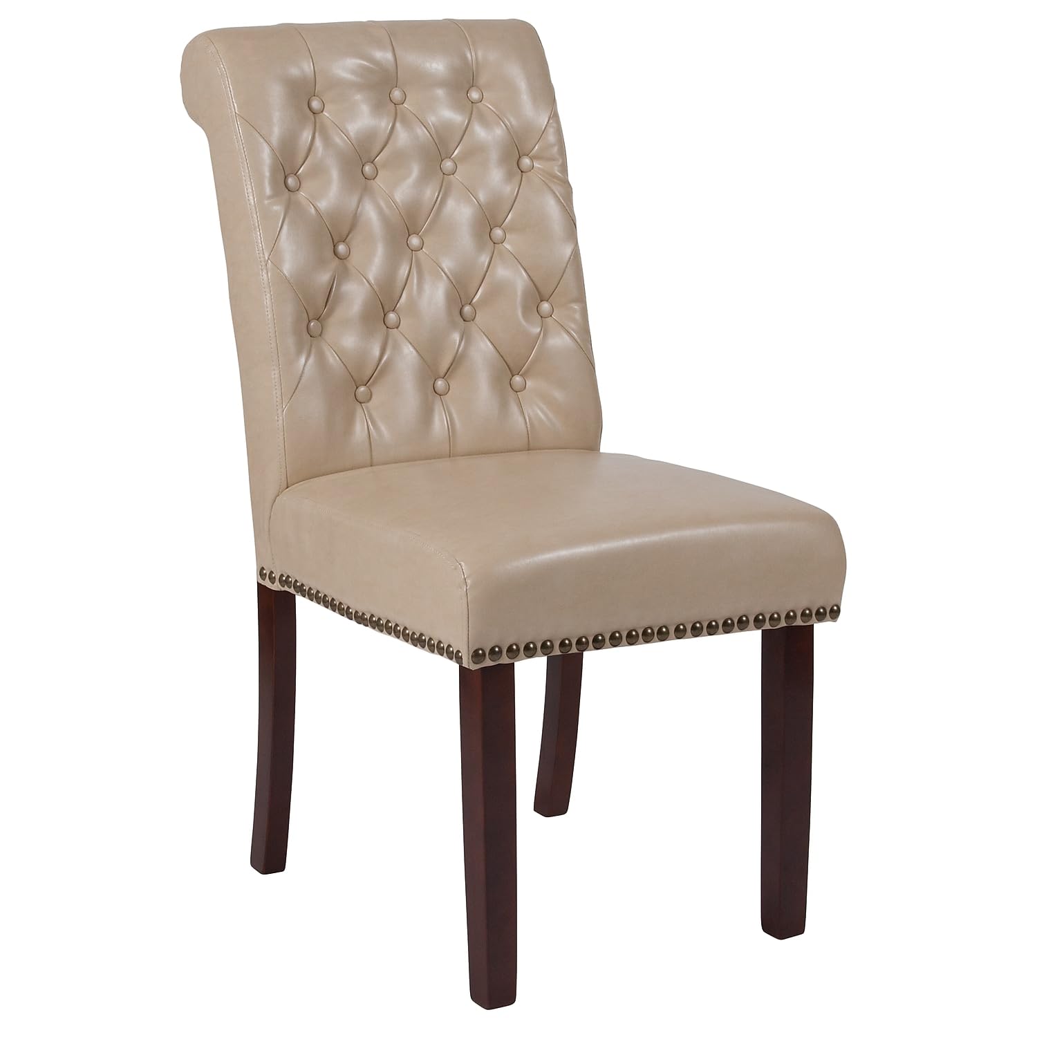 Flash Furniture Hercules Series Beige Leathersoft Parsons Chair With Rolled Back, Accent Nail Trim And Walnut Finish