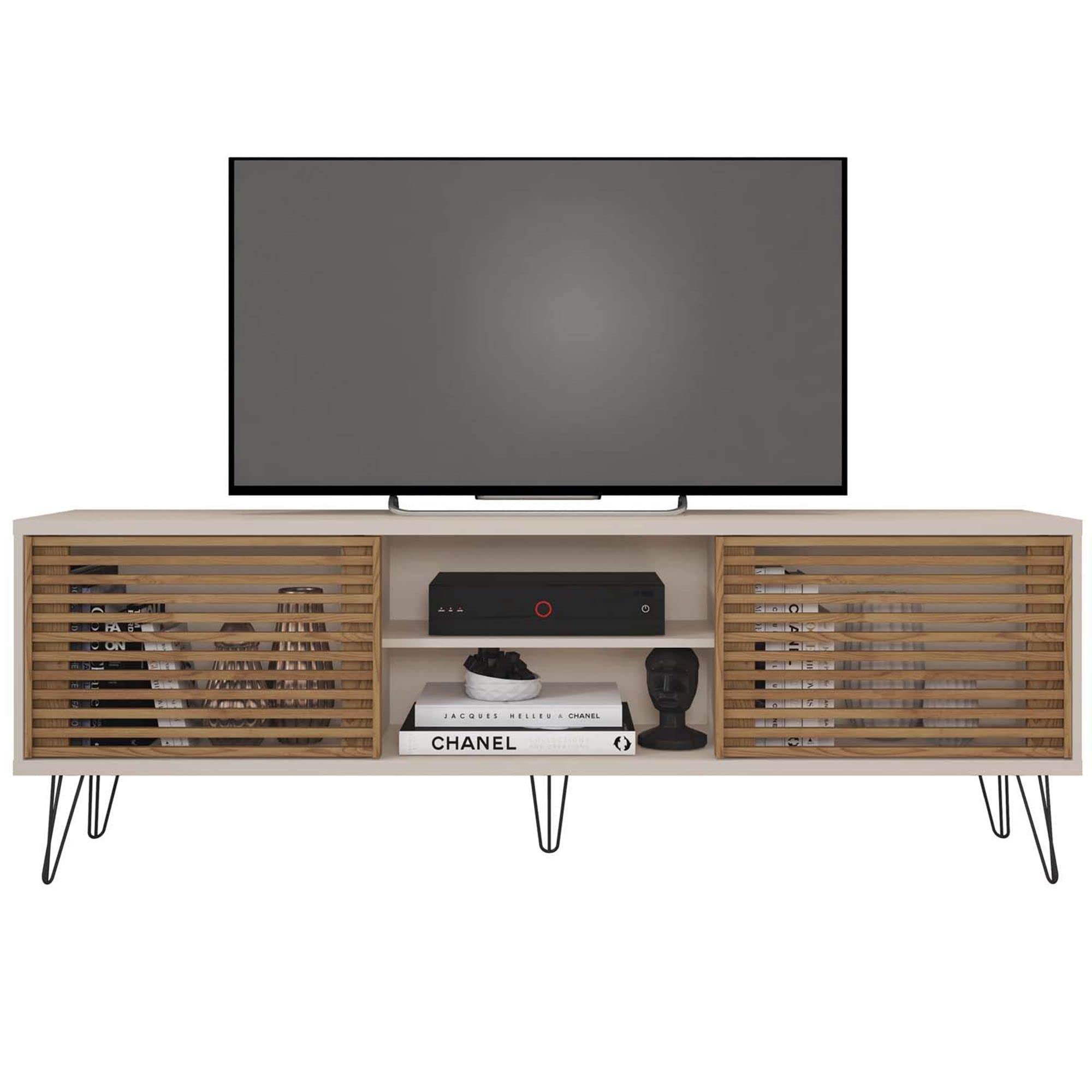 Woodpeckers Furniture And Mattress Frizz Mid-Century Modern TV Stand for 70 Inch TV (Beige - Brown)