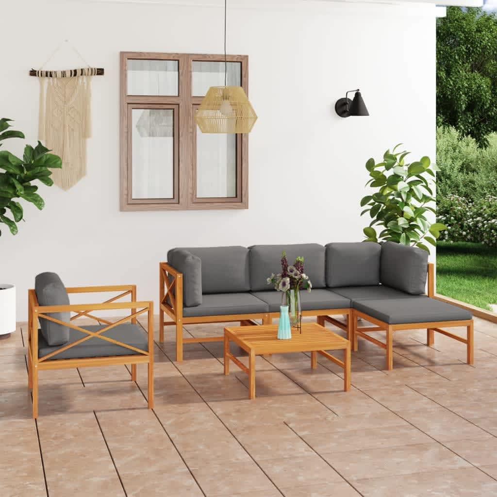 vidaXL 6-Piece Patio Lounge Set in Solid Teak Wood with Gray Cushions - Includes Corner Sofas, Middle Sofa, Chair, Table, Footrest - Weather Resistant Outdoor Furniture Ideal for Garden, Terrace, ...