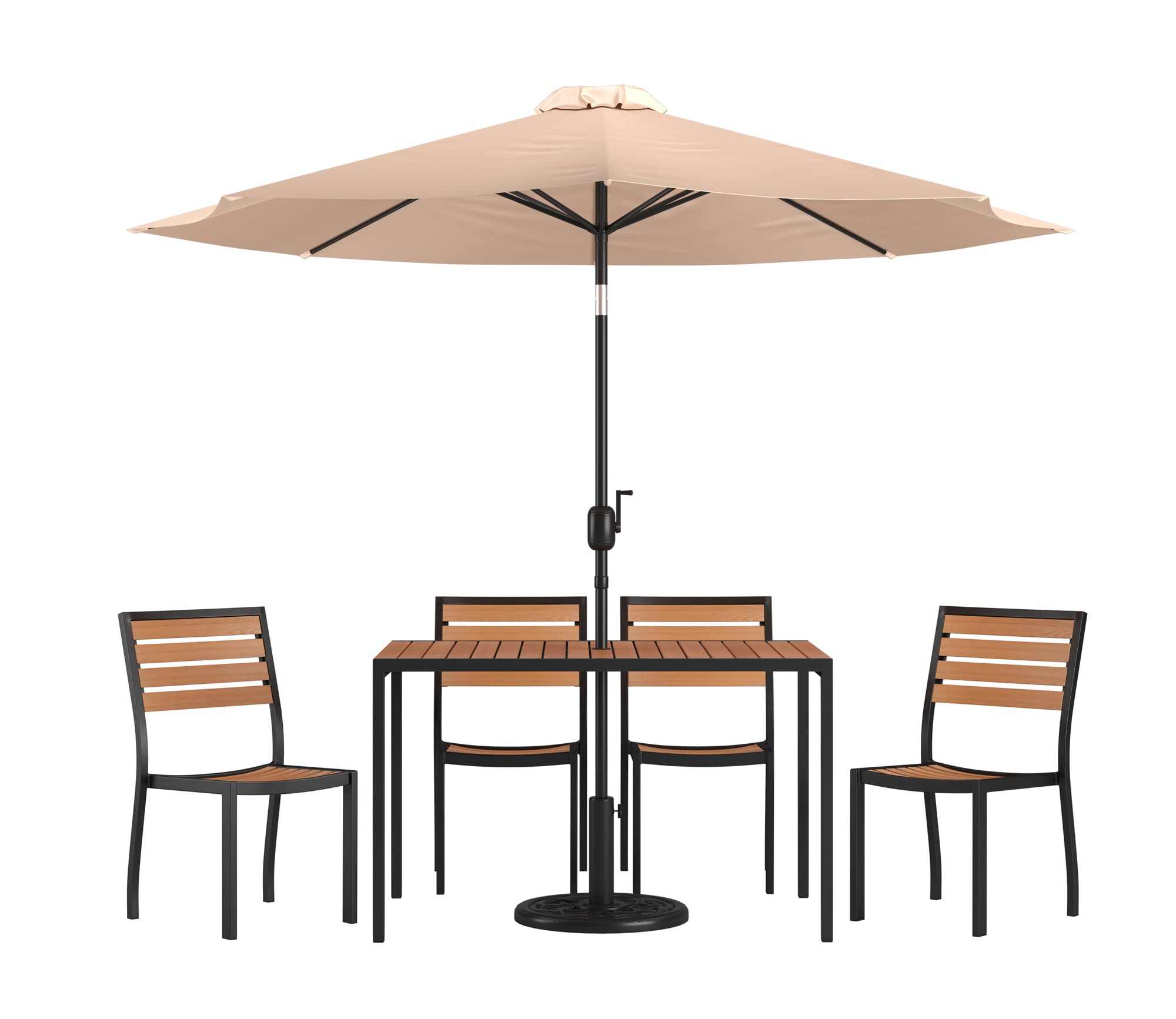 Flash Furniture Lark 7 Piece Patio Table Set - 4 Synthetic Stackable Faux Teak Chairs - 35&quot; Square Faux Teak Table - Tan Umbrella with Base