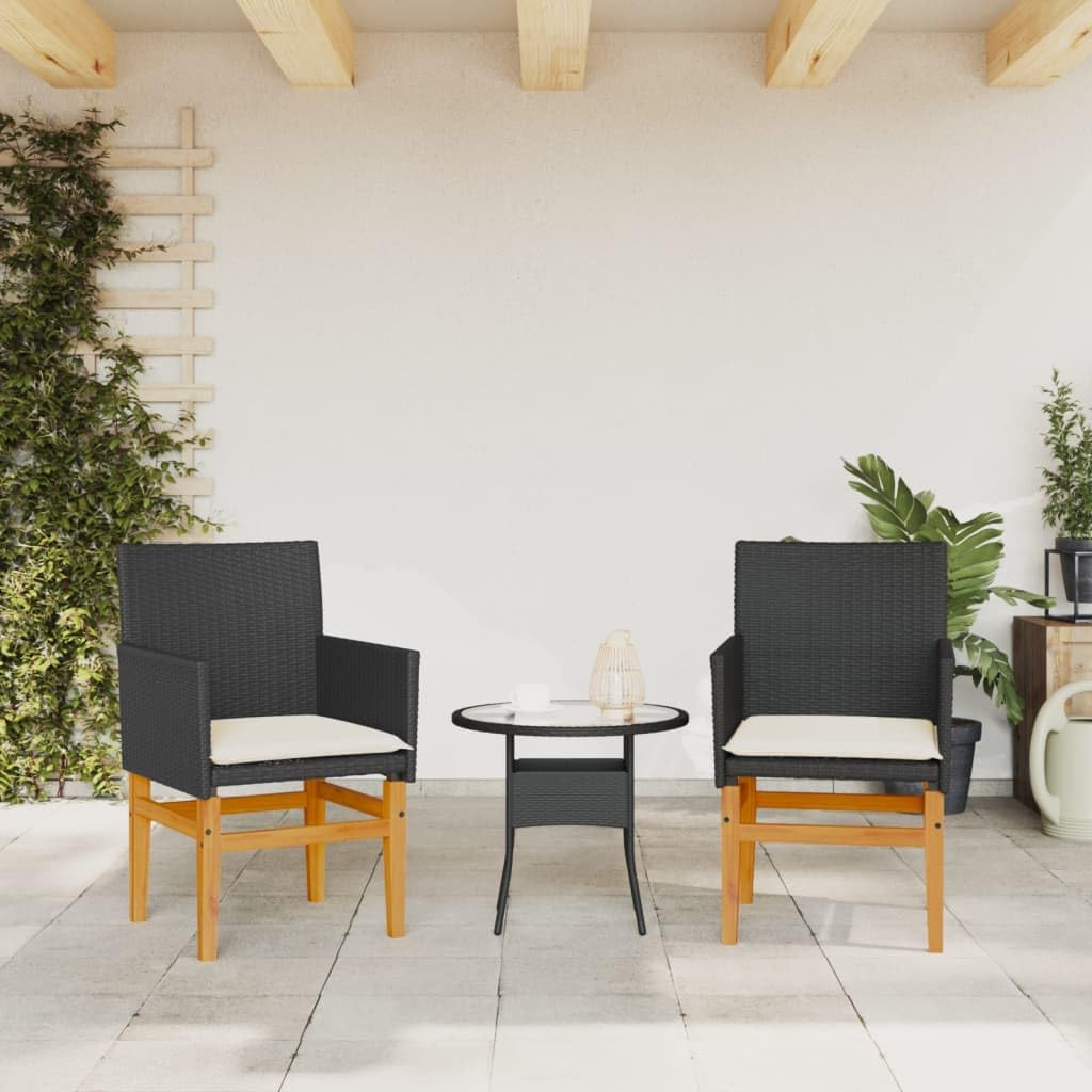 vidaXL Patio Chairs with Cushions - Modern Black Poly Rattan & Solid Wood - Comfortable Outdoor Seating for Patio/Garden - Set of 2