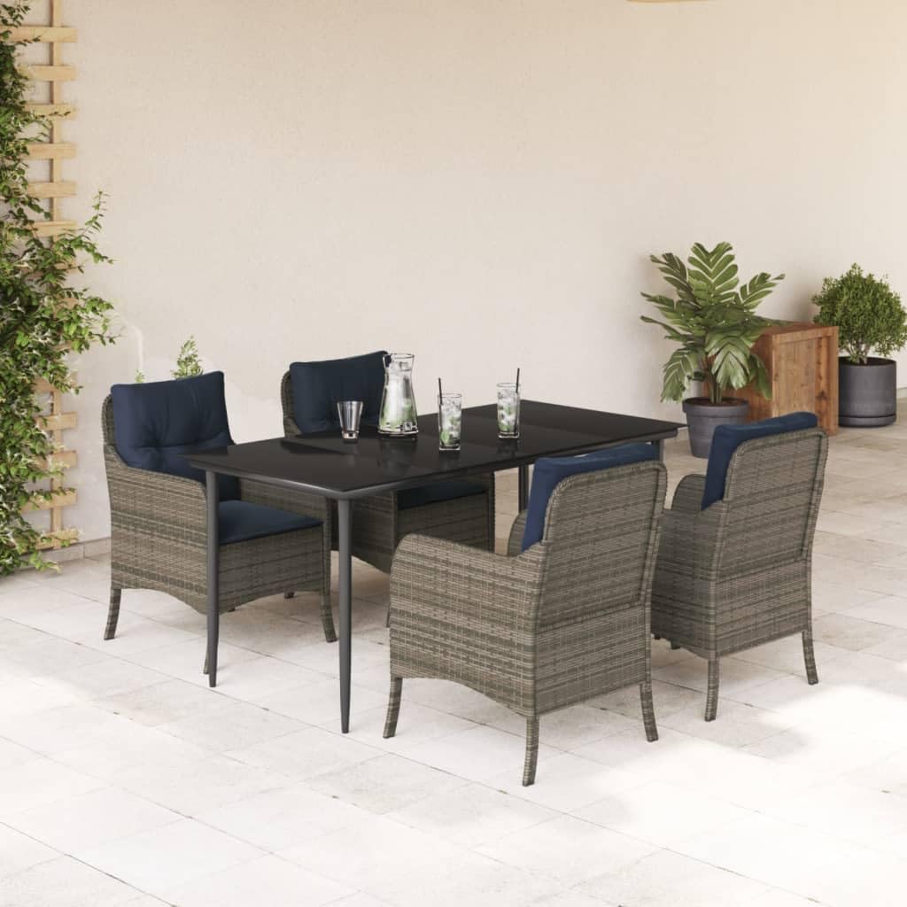 vidaXL 5-Piece Outdoor Dining Set - Gray PE Rattan Chairs & Black Table with Navy Cushions, Tempered Glass Top, Weather-Resistant