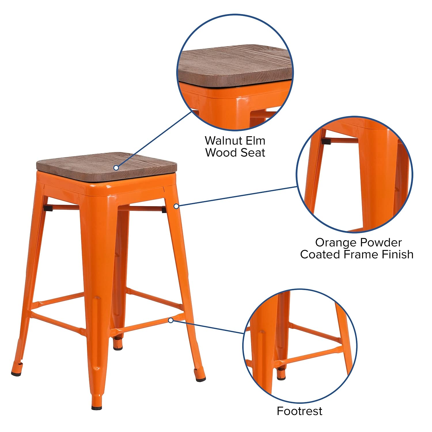 Flash Furniture Lily 24&quot; High Backless Orange Metal Counter Height Stool With Square Wood Seat (Pack Of 1)