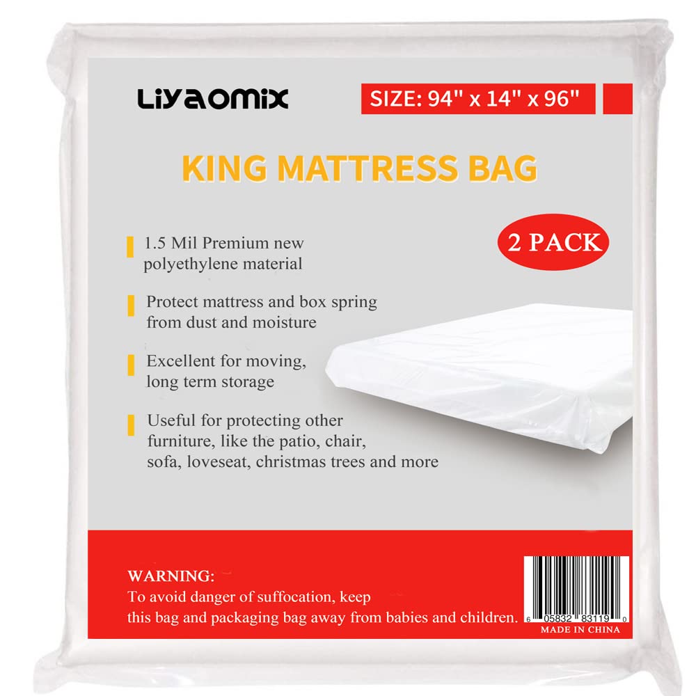 Liyaomix 2 Pack King/Cal King Mattress Bags For Moving And Storage, 1.5 Mil 94 ' X 96 ' Clear Plastic Mattress Disposal Bags C
