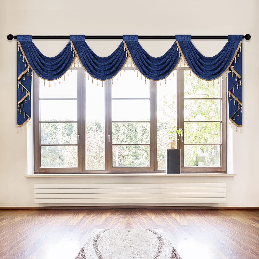 ELKCA Royal Blue Chenille Waterfall Valance for Living Room with Gold Beads 4 Hollow Swag Valance for Bedroom,Rod Pocket,1 Panel