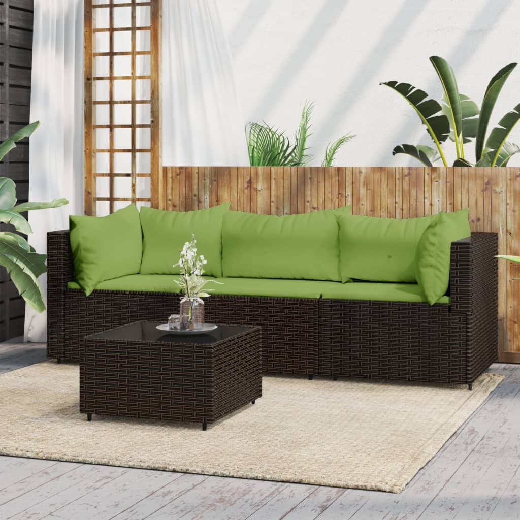 vidaXL Poly Rattan 4-Piece Patio Lounge Set in Brown with Green Cushions - Weather-Resistant, Powder-Coated Steel Frame, Comfortable Backrest and Cushions, Tempered Glass Tabletop