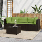 vidaXL Poly Rattan 4-Piece Patio Lounge Set in Brown with Green Cushions - Weather-Resistant, Powder-Coated Steel Frame, Comfortable Backrest and Cushions, Tempered Glass Tabletop