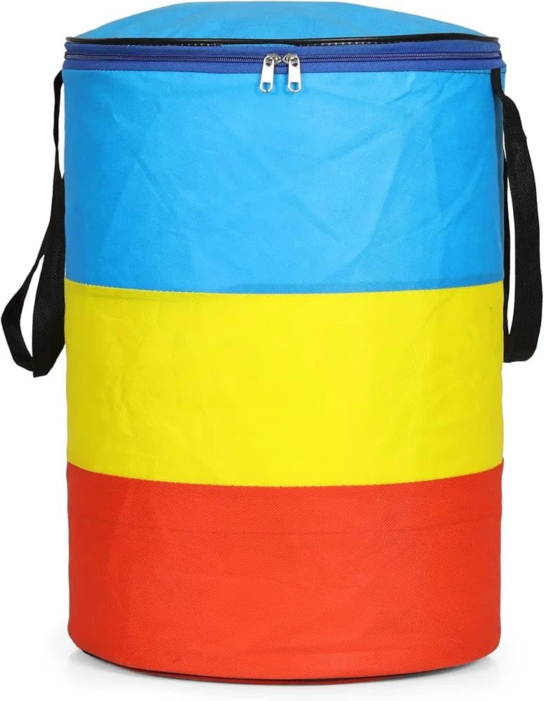 JoyeCraft Collapsible Laundry Hamper, Tricolor Design with Zipper Closure and Carrying Straps, BlueYellowRed