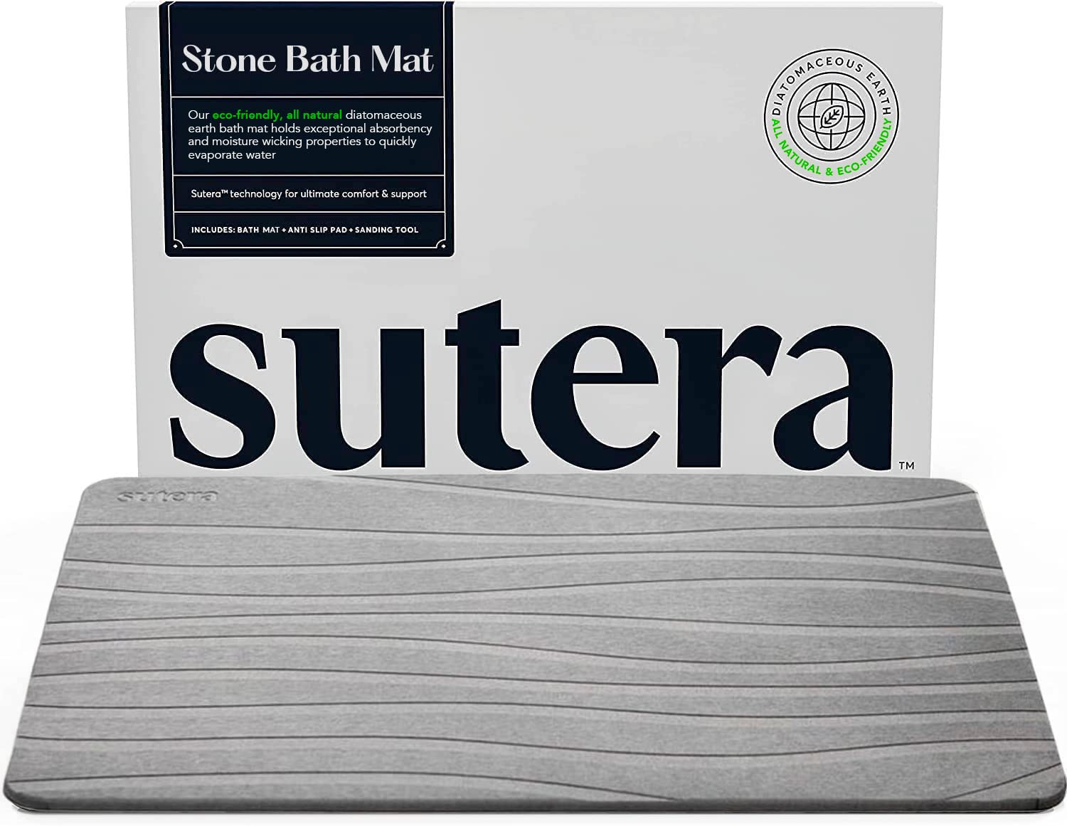 SUTERA - Stone Bath Mat, Diatomaceous Earth Shower Mat, Non-Slip Super Absorbent Quick Drying Bathroom Floor Mat, Natural, Easy 