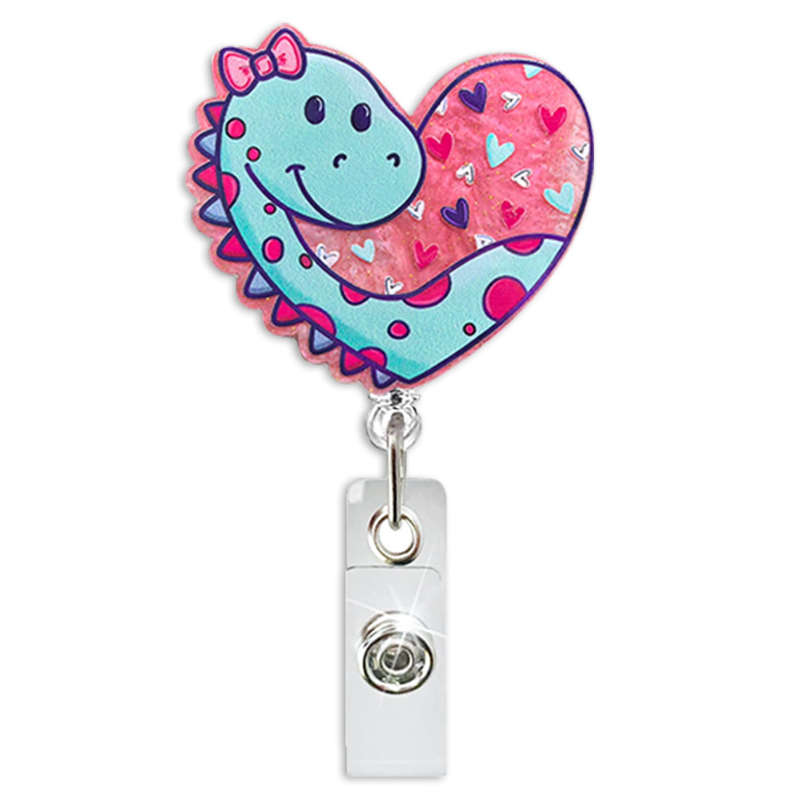 Valentines Day Cute Bow Dinosaur Retractable Badge Holder Valentines Love Retractable Pink Blue Badge Reel Cute Heart Glitter Na