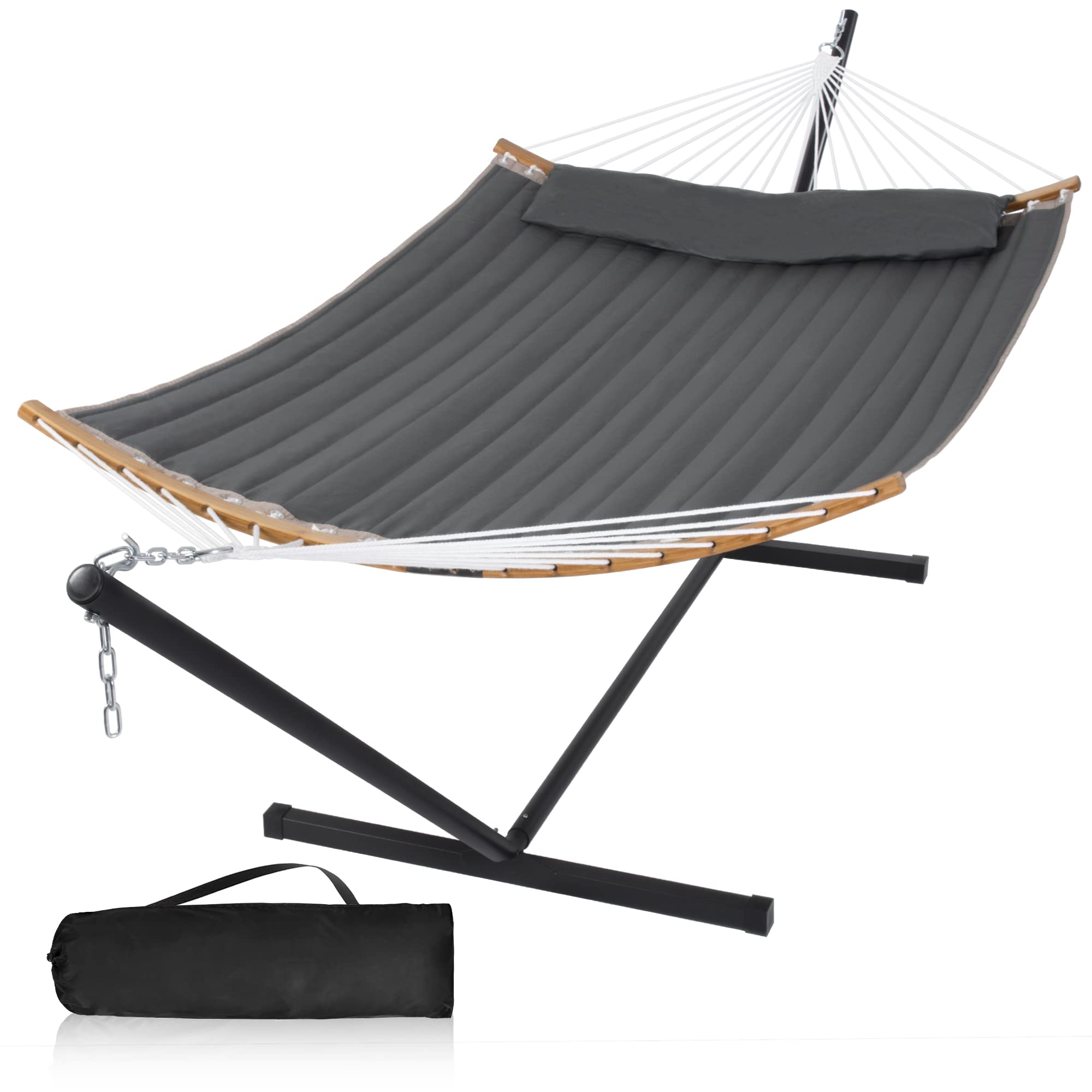 Mansion Home 55In Hammock With Stand, Heavy Duty Hammock With Stand Included, Two Person Hammock With Curved Spreader Bar, Pillo