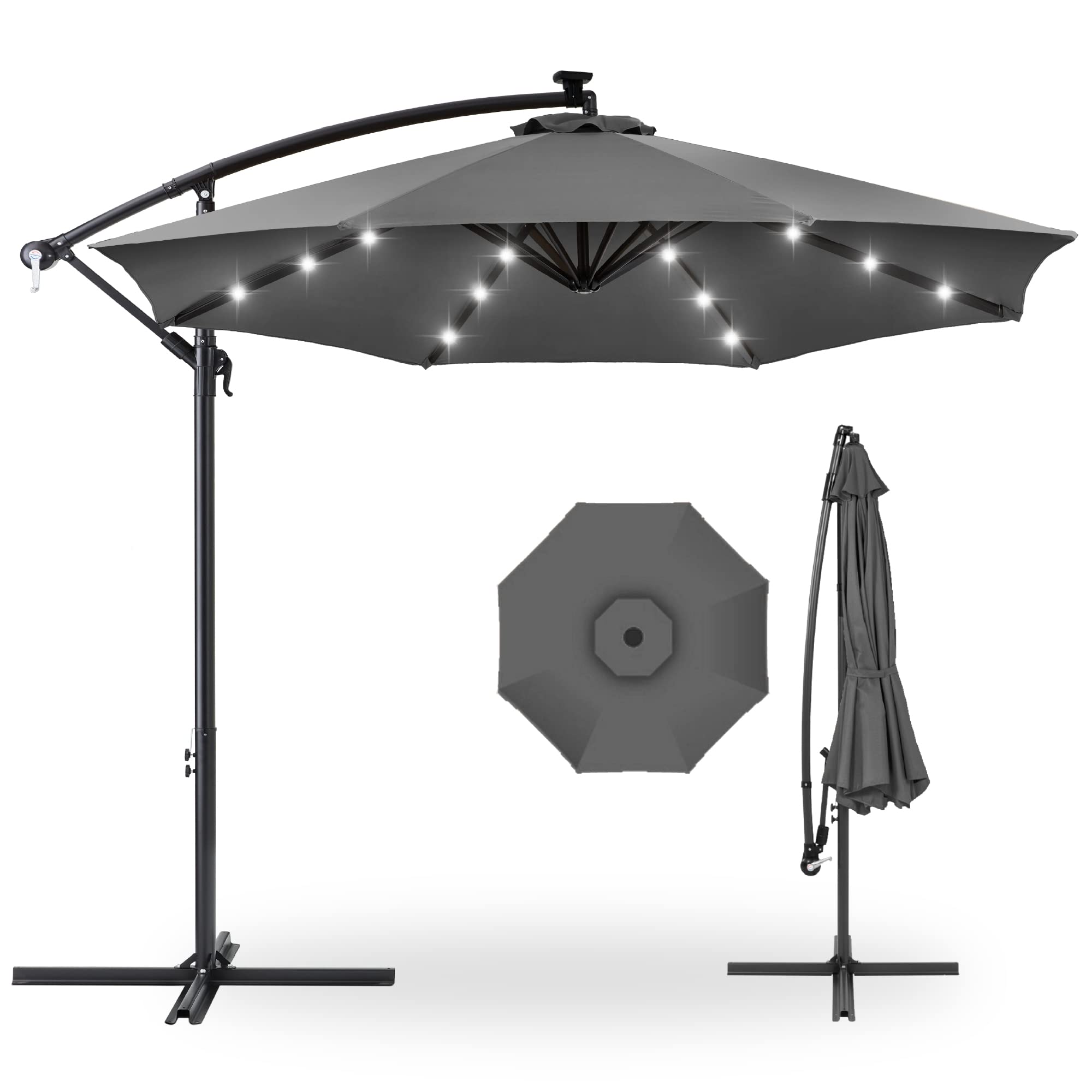 Best Choice Products 10ft Solar LED Offset Cantilever Hanging Market Patio Umbrella, 8 Sturdy Ribs, Easy Adjustment - Gray
