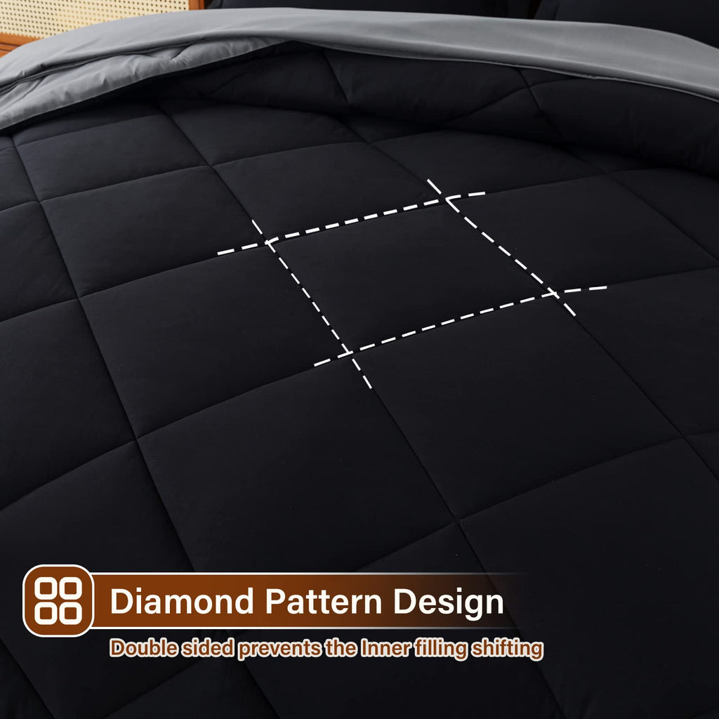 Cosybay Bed In A Bag Full Reversible Comforter Sets 7Pcs All Season Down Alternative Bedding Sets Black And Grey With Comforter,