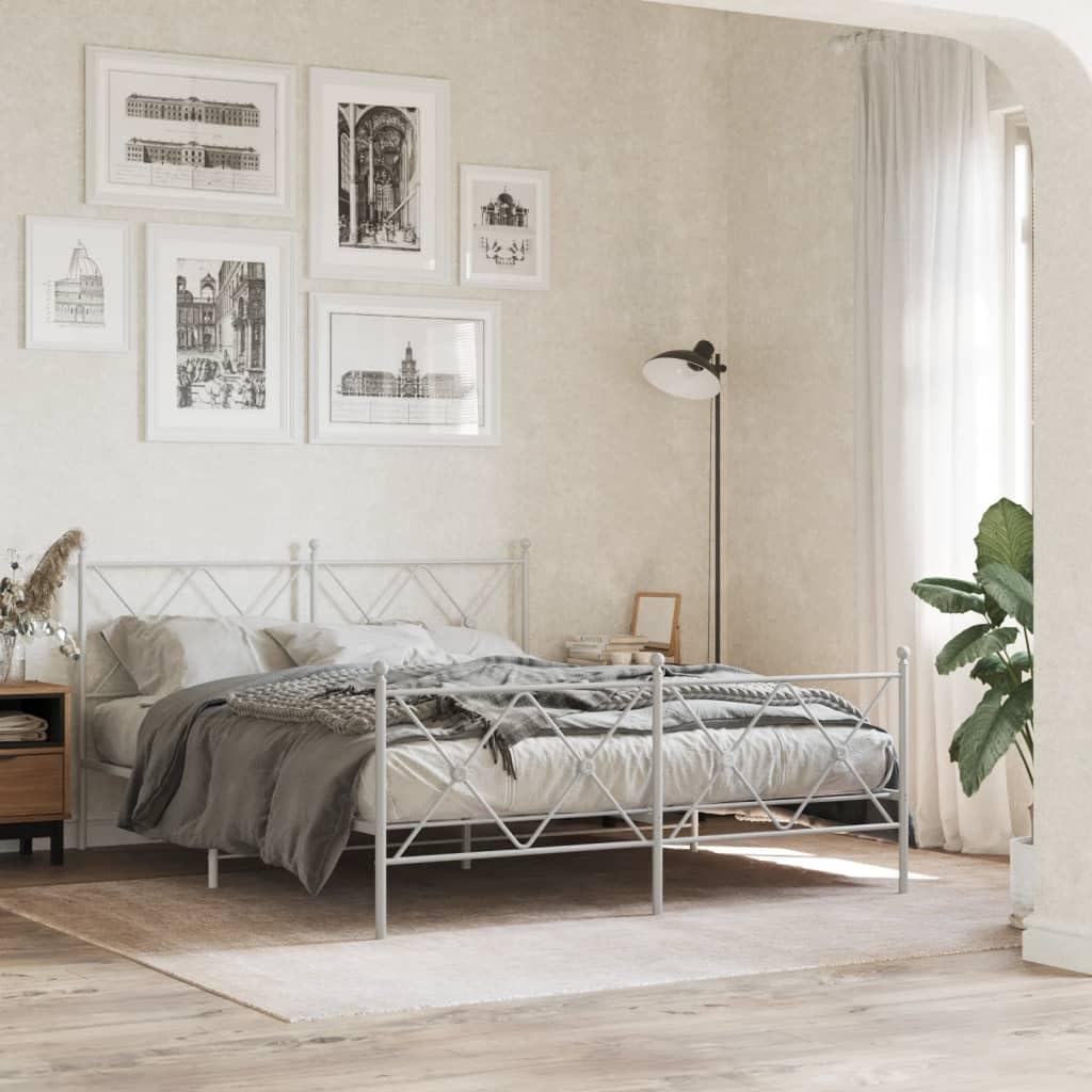 vidaXL White Steel Double Bed Frame with Headboard/Footboard - 81.5"x61.4"x35.6" for Mattress 59.1"x78.7"