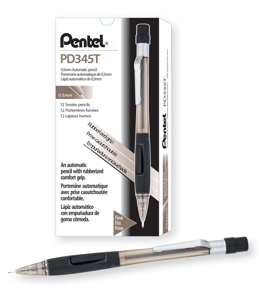 Pentel Quicker Clicker Automatic Pencil, 0.5Mm Lead Size, Transparent Black Barrel, Box Of 12 (Pd345T-A)