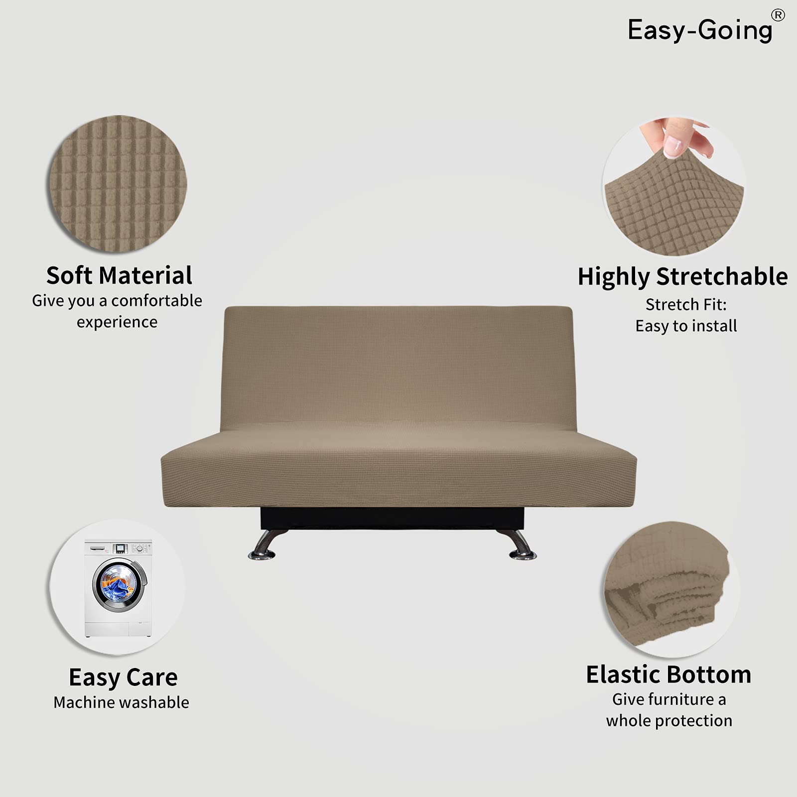 Easy-Going Stretch Futon Slipcover Armless Futon Bed Cover Furniture Protector Without Armrests With Elastic Bottom For Kids, Soft Jacquard Fabric Small Checks (Medium, Natural)