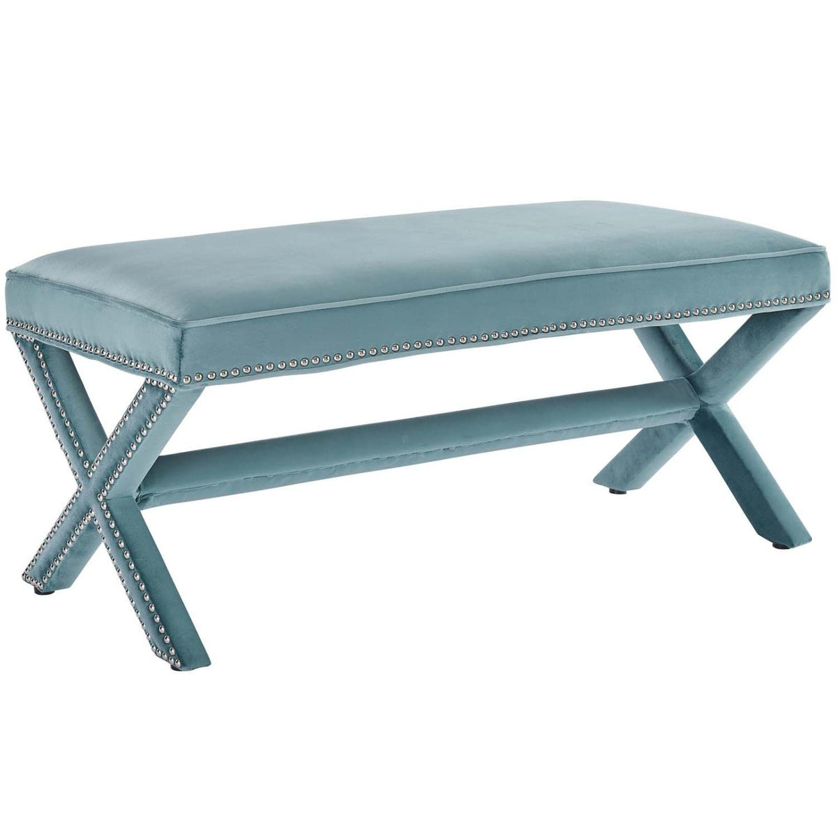 Modway Rivet Contemporary Modern Upholstered Velvet X-Base Bench With Nailhead Trim In Sea Blue