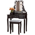 Dortala Vanity Table Set W/ 360-Degree Rectangular Mirror & Cushioned Stool, Makeup Table W/ 10 Led Dimmable Bulbs, Bedroom Wood Dressing Table W/ 5 Drawers & Removable Box Organizer, Brown