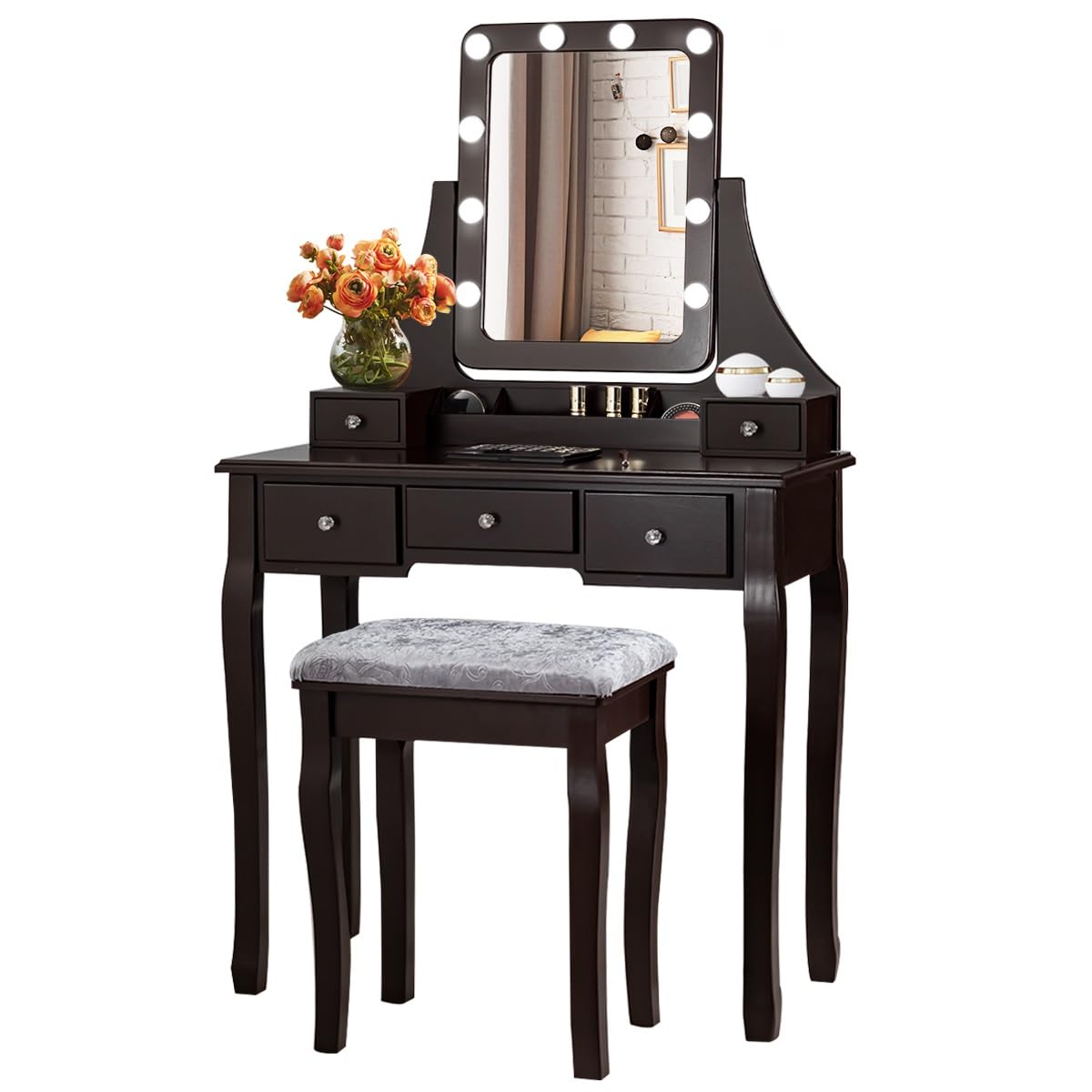 Dortala Vanity Table Set W/ 360-Degree Rectangular Mirror & Cushioned Stool, Makeup Table W/ 10 Led Dimmable Bulbs, Bedroom Wood Dressing Table W/ 5 Drawers & Removable Box Organizer, Brown