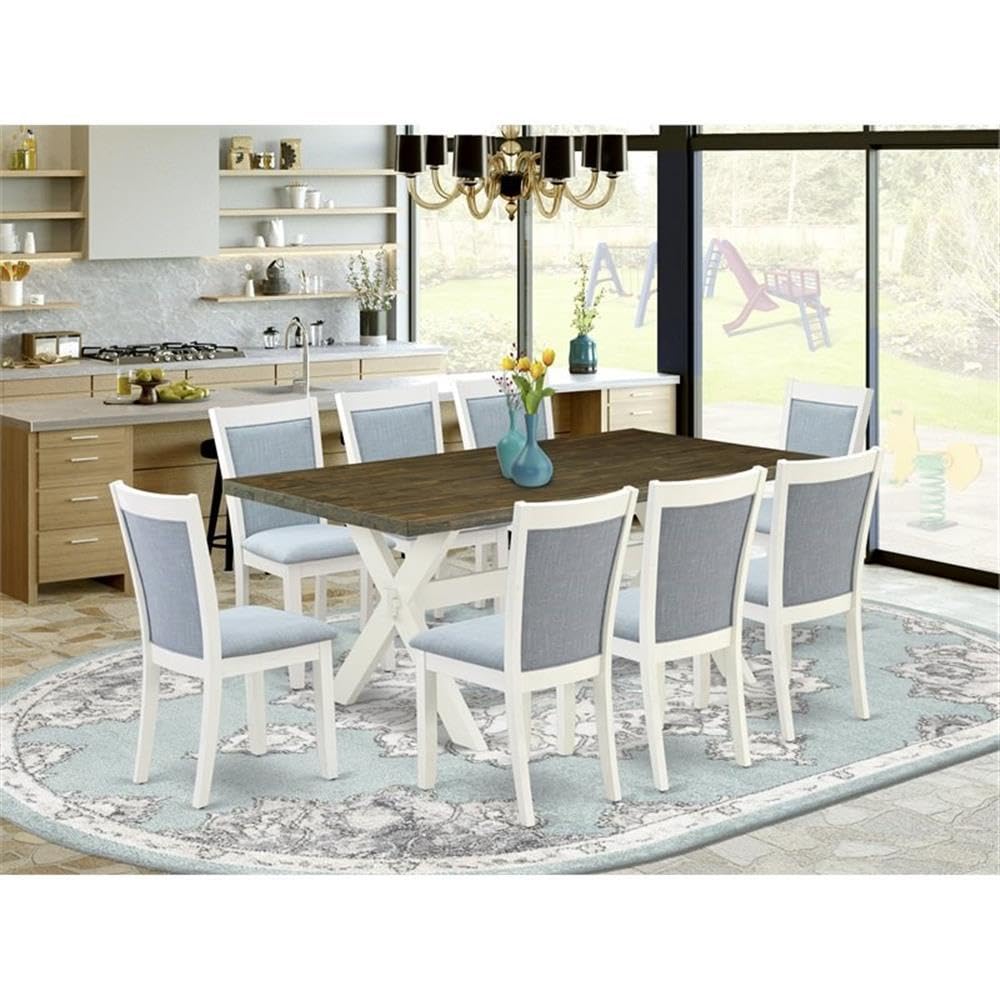 East West Furniture X077MZ015-9 9 Piece Dining Room Furniture Set Includes a Rectangle Dining Table with X-Legs and 8 Baby Blue Linen Fabric Parsons Chairs, 40x72 Inch, Multi-Color