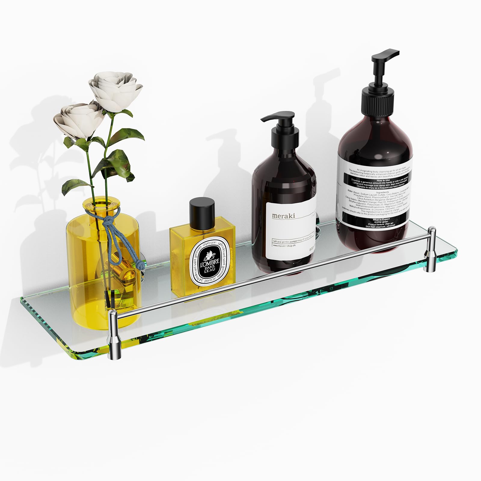 KOCOK Glass Shelves for Bathroom,16-Inch Chrome Glass Bathroom Shelf Stainless Steel Floating Glass Shelf for Wall Mount Modern 
