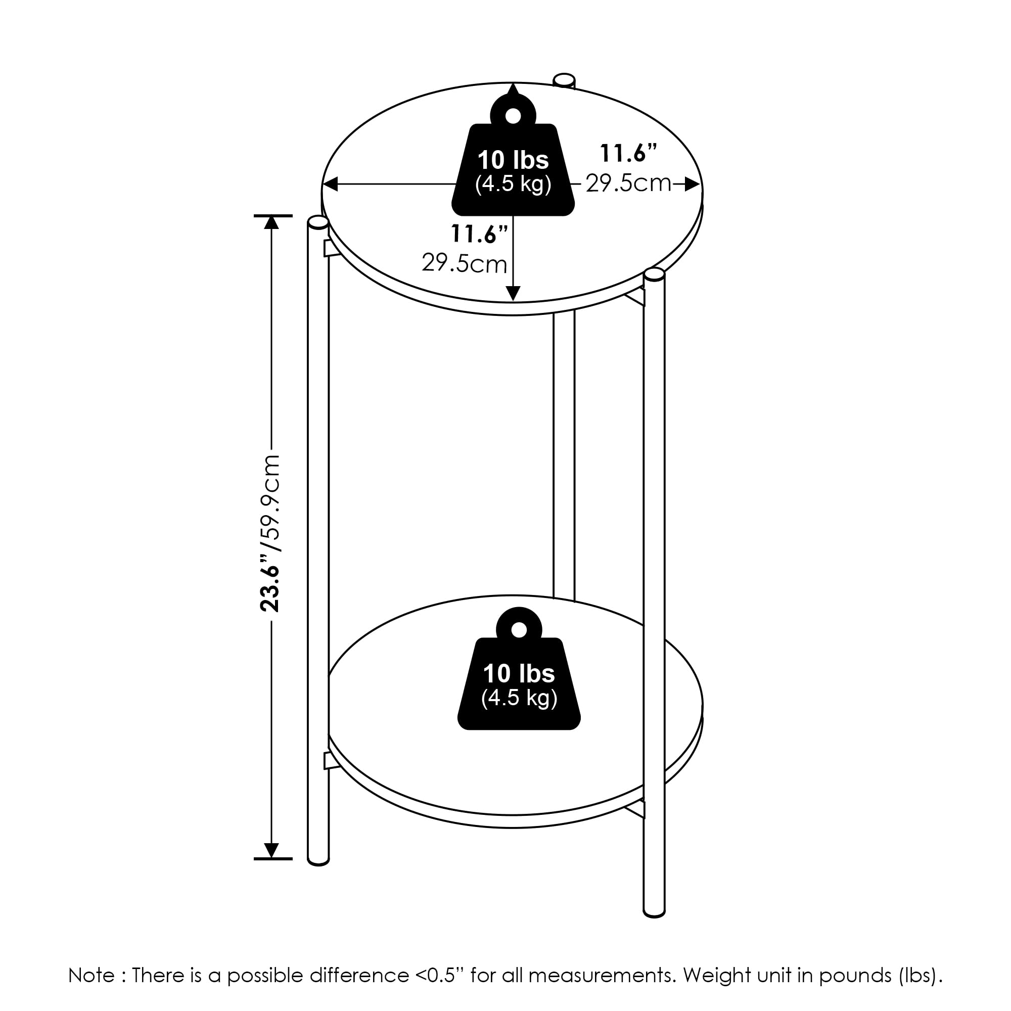 Furinno Besi 2-Tier Modern Tall Round Side End Table with Sturdy Metal Legs, Set of 2, White/Black