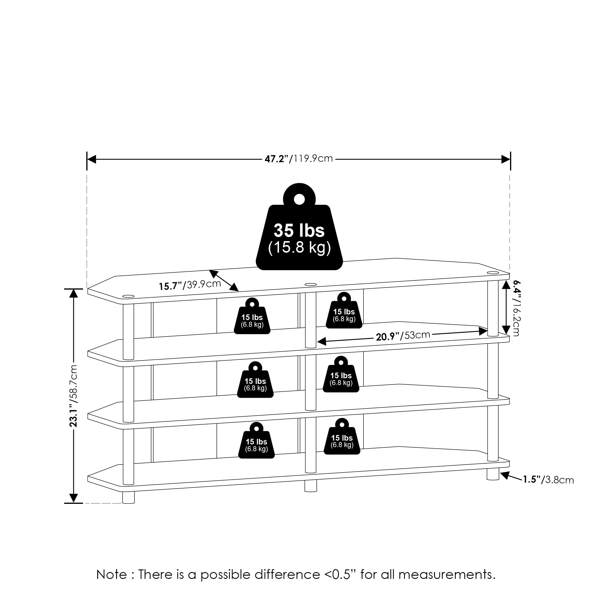Furinno Econ Easy Assembly 4-Tier Corner TV Stand for TV up to 55-Inch, White Oak/Stainless Steel
