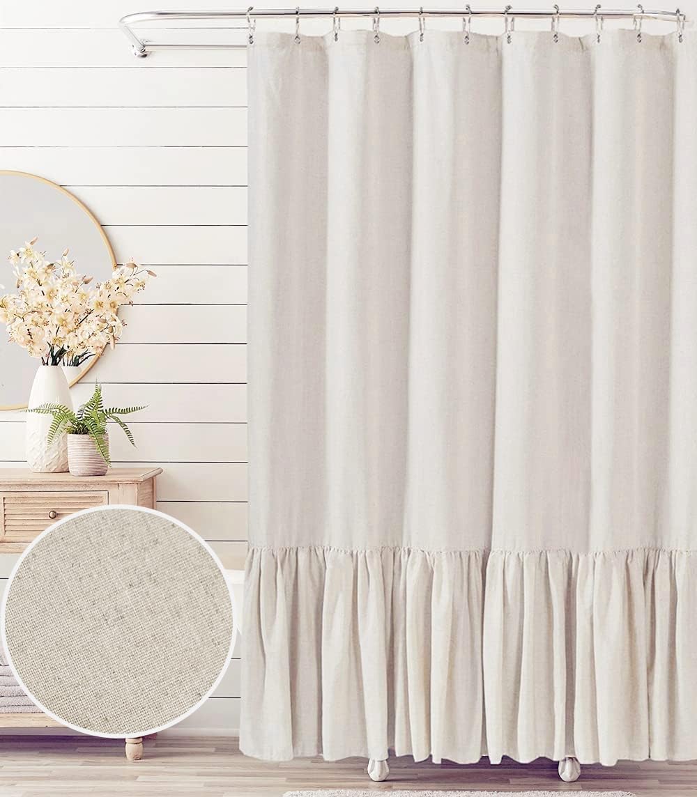Felisa Extra Long Farmhouse Shower Curtain With A Ruffle Hem,72 X84 Inches Linen Blend Shower Curtain For Bathroom,Natural