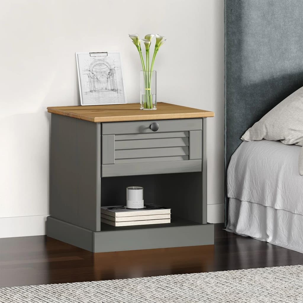vidaXL Gray Solid Pine Wood Nightstand - Bedside Cabinet with Metal Knob and Storage for Bedroom, Office, Living Room - 16.5&quot; x 13.8&quot; x 16.5&quot;