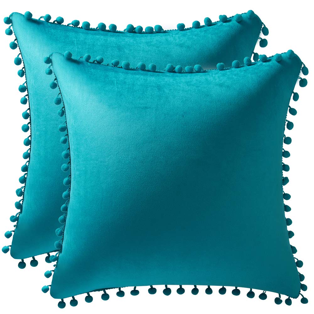Dezene Throw Pillow Cases 24X24 Turquoise: 2 Pack Cozy Soft Pom-Poms Velvet Square Decorative Pillow Covers For Farmhouse Home D