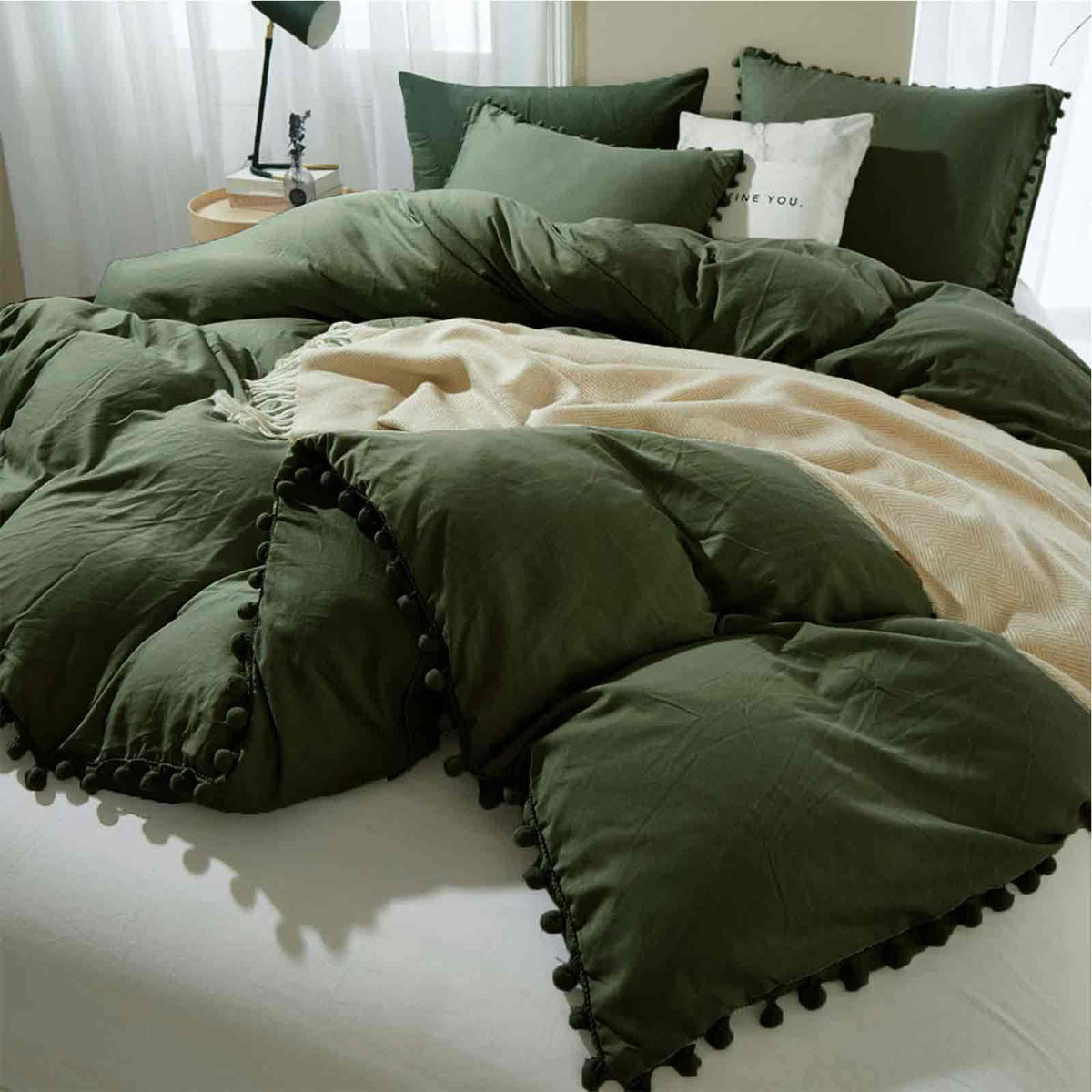 Etdiffe Dark Olive Green Full Size Duvet Cover, 3 Piece Boho Farmhouse Pom Fringe Microfiber Comforter Cover Set, Soft And Light