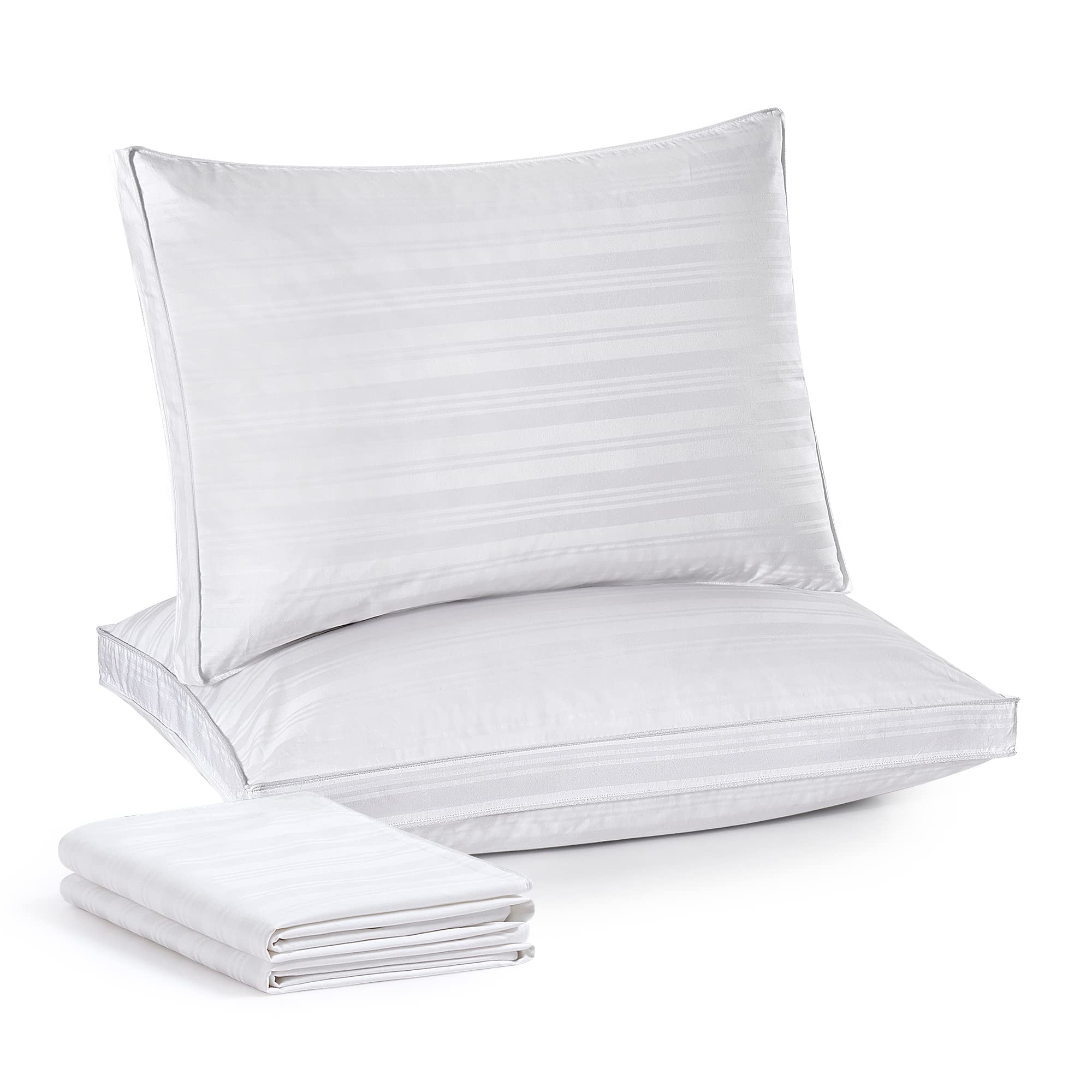Puredown Goose Feathers And Down Pillows With Gusseted 2 Outer Protectors, Cotton Fabric, White, Standard/Queen Size, Set Of 2