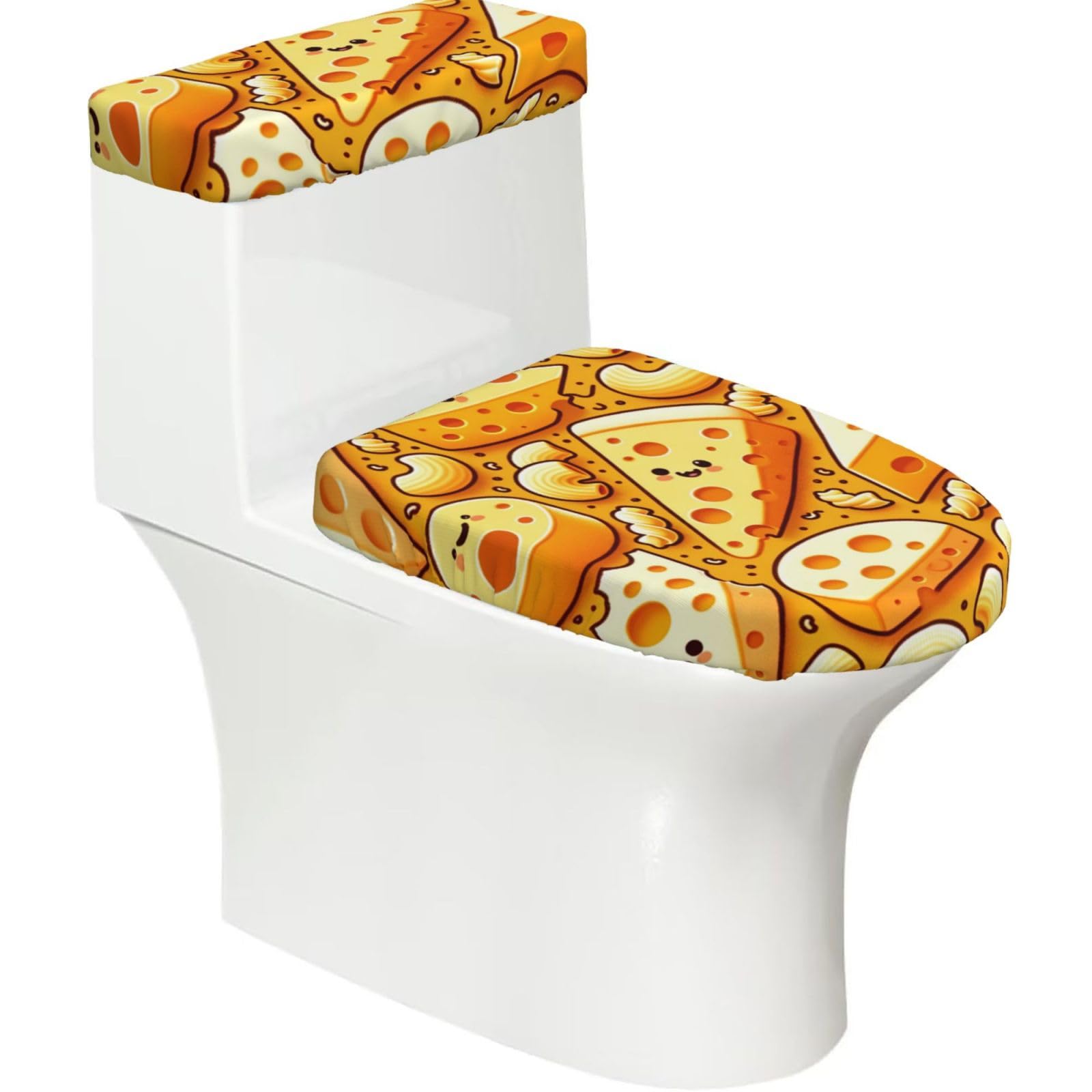 Cheese-Macaroni Toilet Lid Cover And Tank Cover Set Of 2, Stretch Soft Reusable Bathroom Toilet Seat Covers