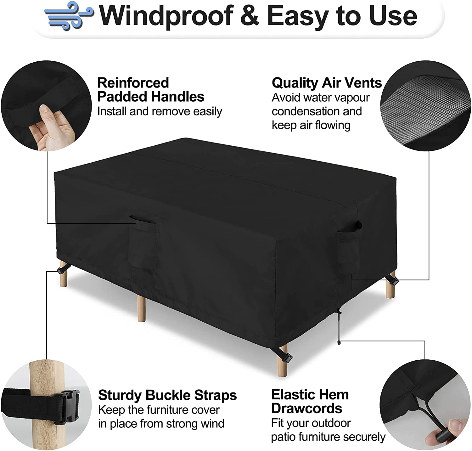 Outdoorlines Outdoor Waterproof Patio Table Furniture Set Covers - Rectangle Couch Sectional Cover Outside Weatherproof Patio Furniture Covering For Deck, Lawn And Backyard 74'L X 74'W X 28'H, Black