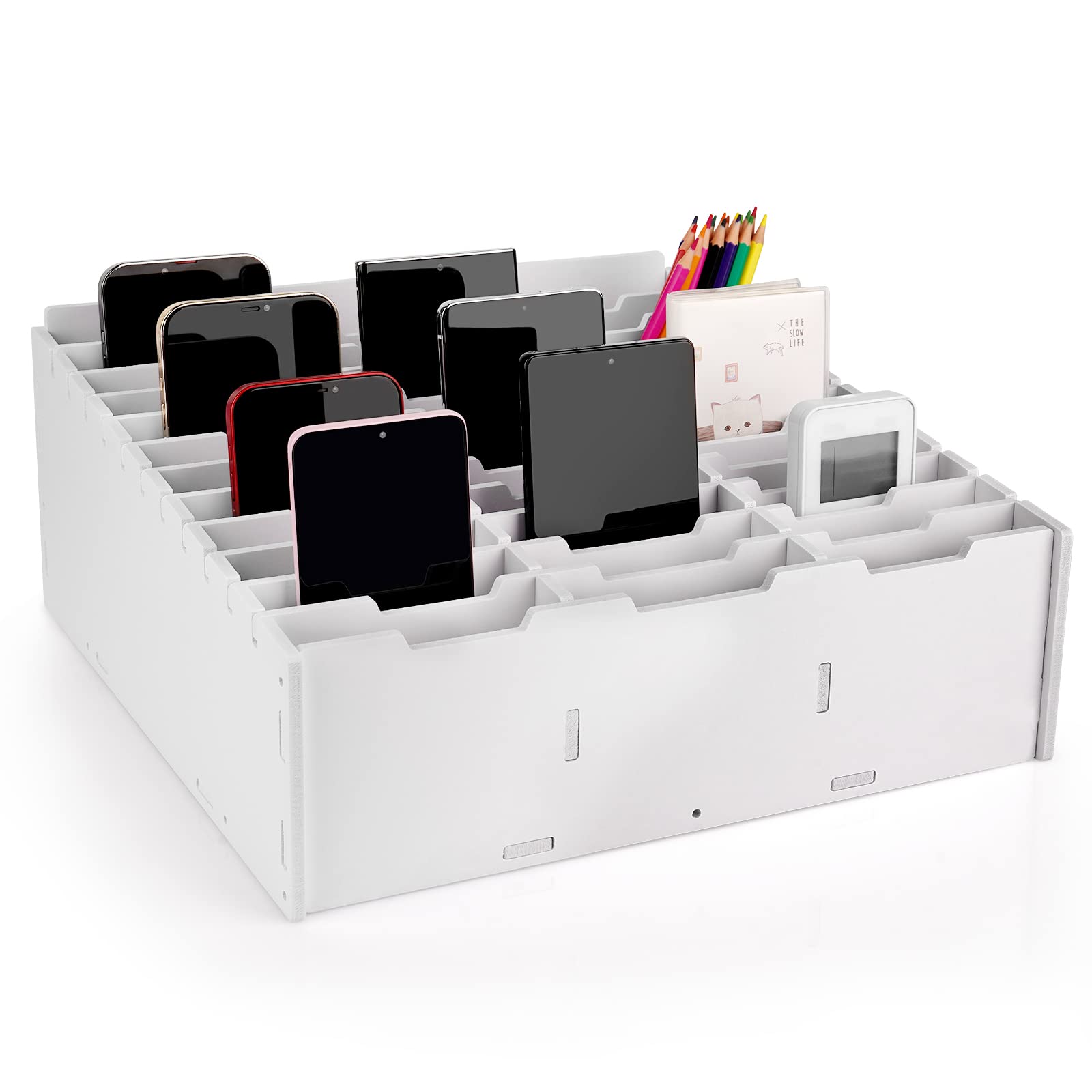 Ozzptuu Wooden 12-Compartment Desktop Organizer Multifunctional Storage Box Desk Supplies For Cell Phones Holder White (12-Grid)