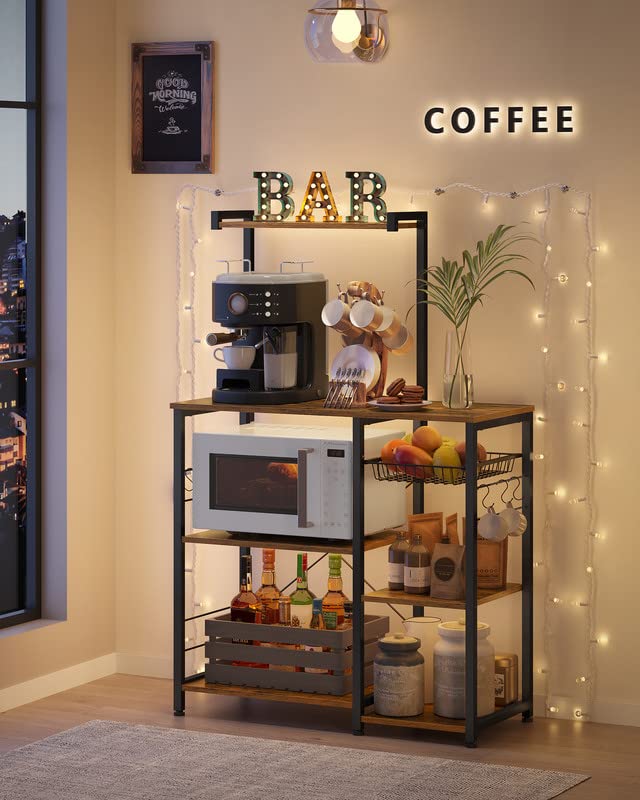 Vasagle Baker'S Rack, Microwave Stand With Wire Basket, 6 Hooks, And Shelves, For Spices, Pots, And Pans, Rustic Brown And Black Ukks35X
