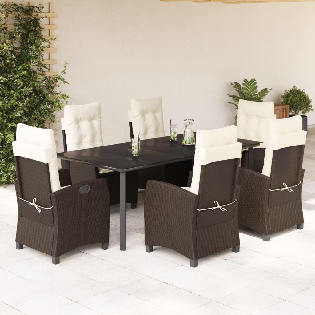 vidaXL Patio Dining Set with Cushions - 7 Piece Brown Poly Rattan Reclining Chairs & Glass Table for Garden, Backyard, Patio