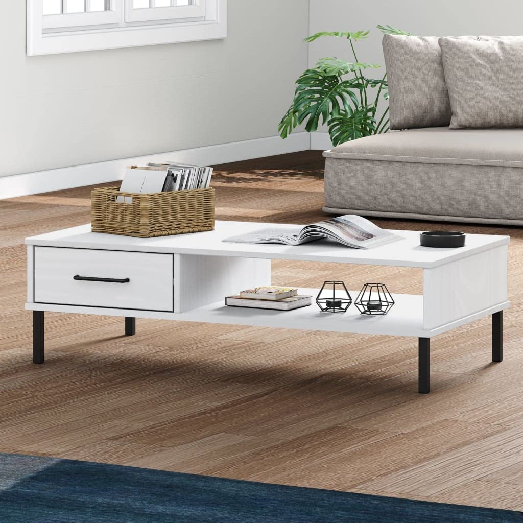 vidaXL Industrial Style Coffee Table with Metal Legs and Drawer - Solid Pine Wood Construction in White Finish, Furnishing for Living Room, Oslo Range.