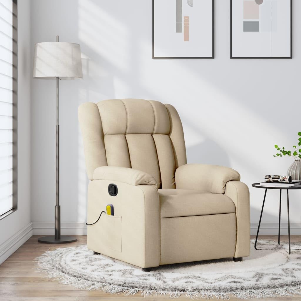 vidaXL Massage Recliner Chair Cream Fabric with Vibration & Manual Recline - Living Room/Bedroom