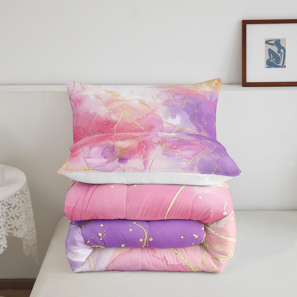 Pink Tie Dye Comforter Set, Marble Art Bedding For Boys Girls Teens Women, Glitter Marbling Printed Bedding Comforter Sets Paste