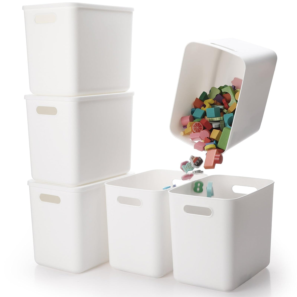 Honeydak 6 Pcs White Plastic Storage Bins with Lids 11.81 x 8.07 x 9.84 Plastic Storage Baskets Boxes Stackable Containers wi