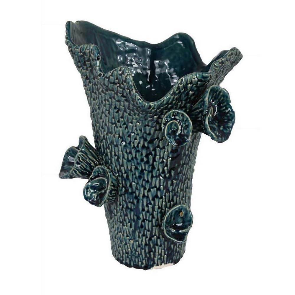 Benjara 17 Inch Vase With Barnacle Design And Floral Details, Blue Ceramic Finish