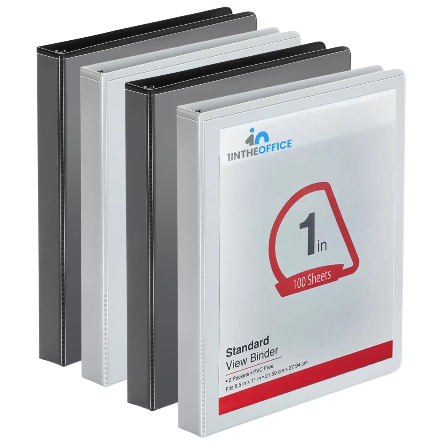 1Intheoffice 3 Ring Binder 1 Inch, View Binder, 8.5' X 11', 175 Sheet Capacity, 2 White & 2 Black, 4 Pack