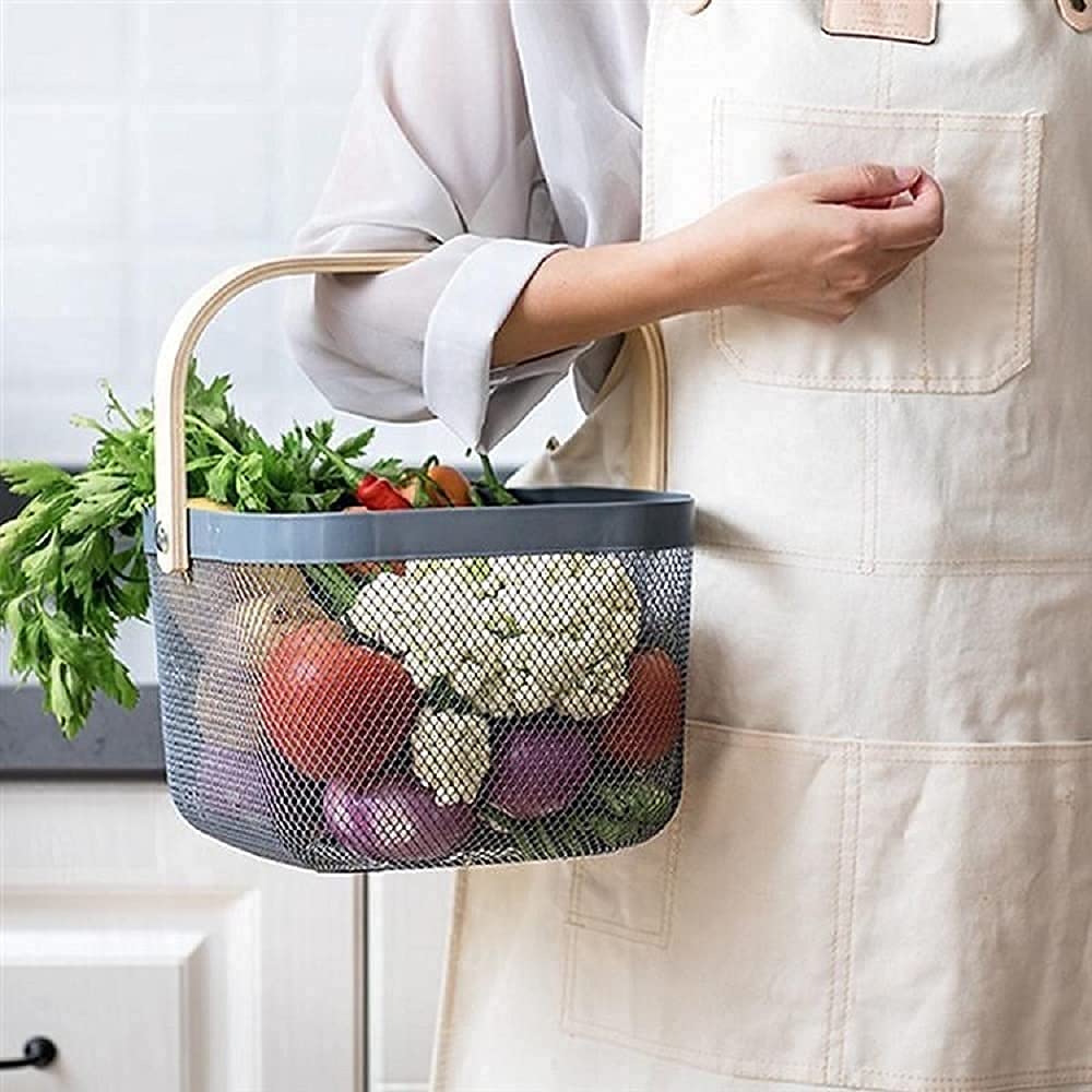 Meneflix Metal Mesh Steel Basket, Storage Organizer Basket MultiFunction Hanging Kitchen Baskets Fruit Basket Bin With Wood Han