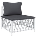 vidaXL Patio Middle Sofa in White Woven Fabric – Durable Outdoor Seat with Cushions, Modular, Flexible Design and Powder-Coated Steel Frame.